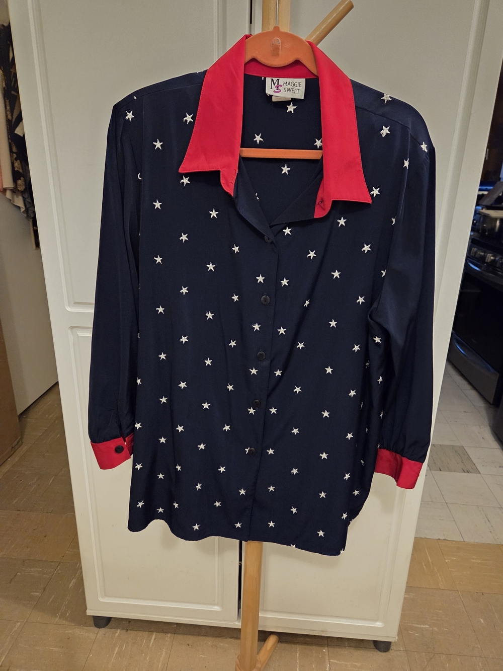 Maggie Sweet Navy Star Button-Up Blouse with Red Trim